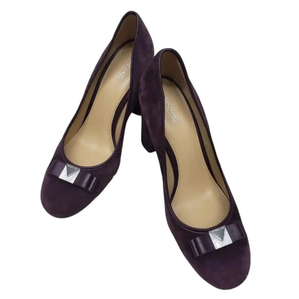 MICHAEL KORS Caroline Bow Pumps Size 9 M Purple Suede Leather Block Heel Slip on